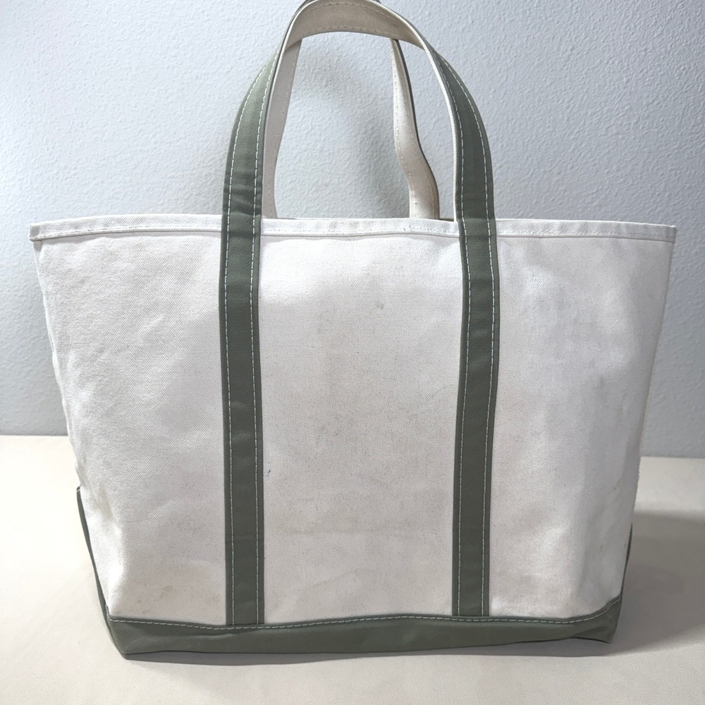 LL Bean Boat and Tote Canvas Bag Large Olive Green Cream Made in USA Classic